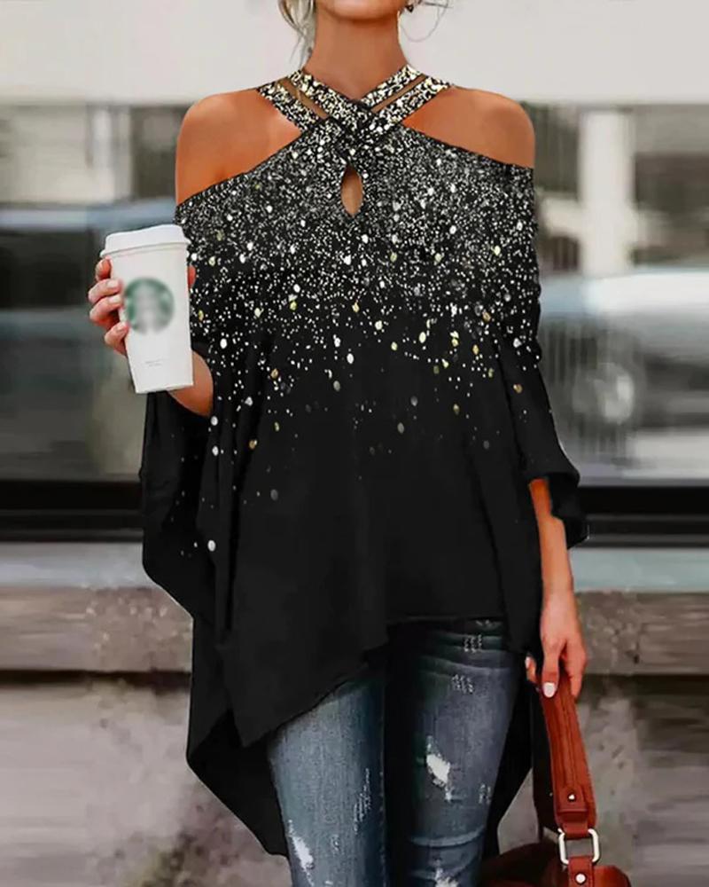 Crisscross Cold Shoulder Print Top