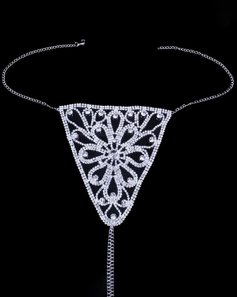 Rhinestone Floral Pattern Underwear Thong Panty Body Chain Jewelry