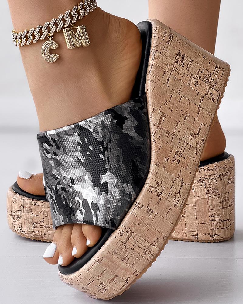 Abstract Peep Toe Platform Wedge Slippers