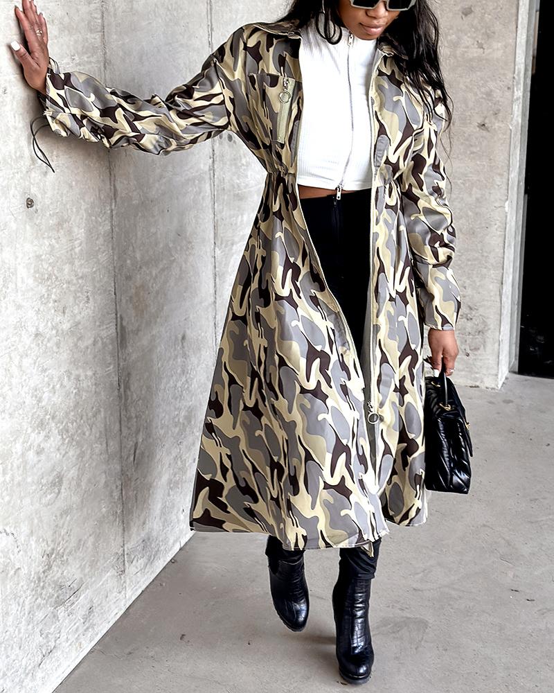 Camouflage Print Zip Up Longline Coat