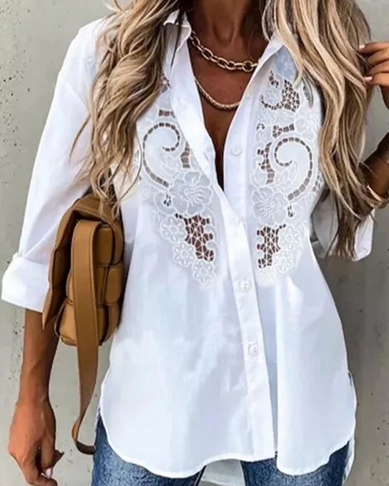 Contrast Lace Long Sleeve Button Down Shirt