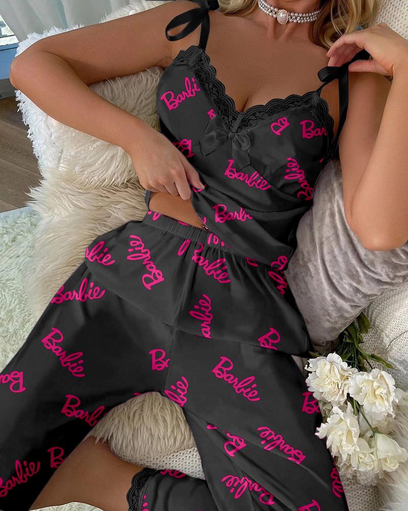 Barbie Letter Print Contrast Lace Cami Set