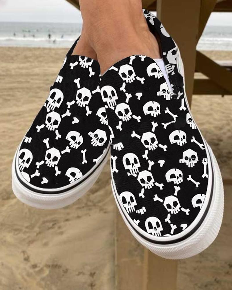 Halloween Skull Print Canvas Slip On Shoes
