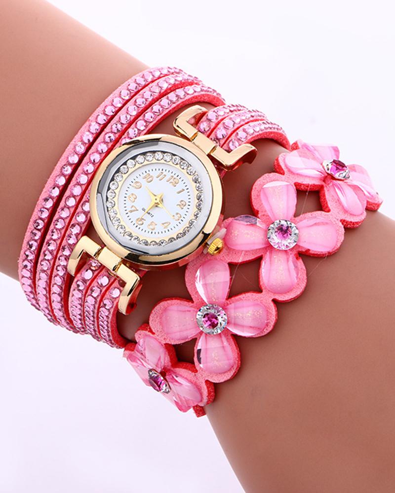 Watches 1pc Rhinestone Floral Pattern Stackable Bangle Quartz Watch