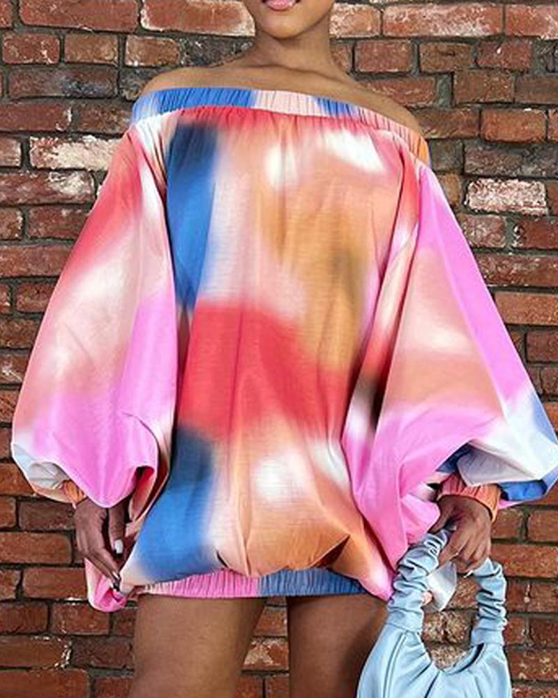 Tie Dye Print Lantern Sleeve Off Shoulder Casual Dress