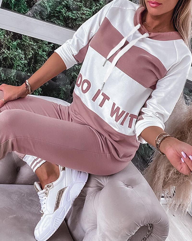 Letter Pattern Colorblock Sweatshirt & Striped Cuffed Sweatpants Set