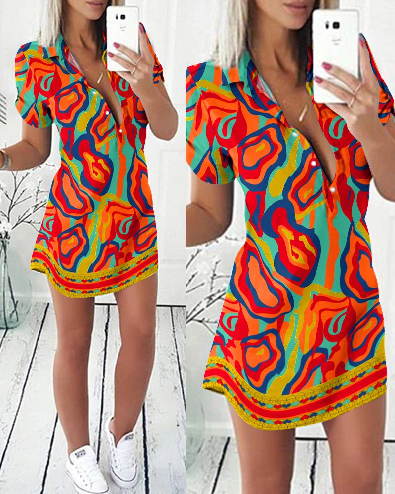 Multi-Color Abstract Print Buttoned Shirt Dress