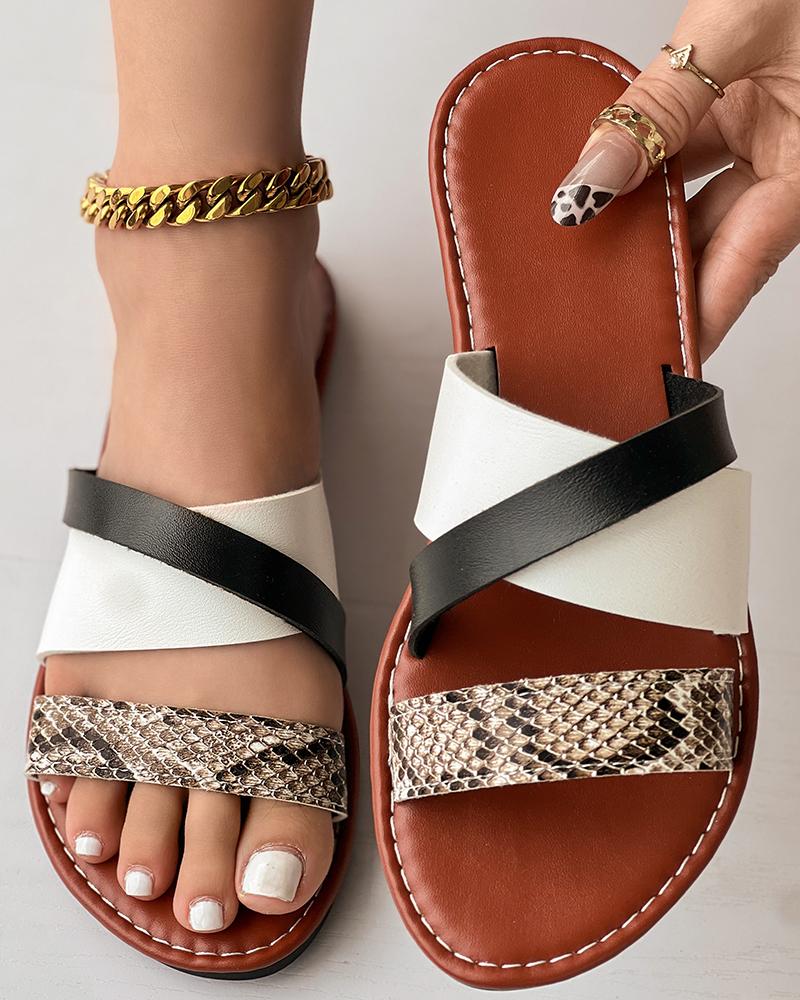 Snakeskin Colorblock Slippers Cross Strap Sandals