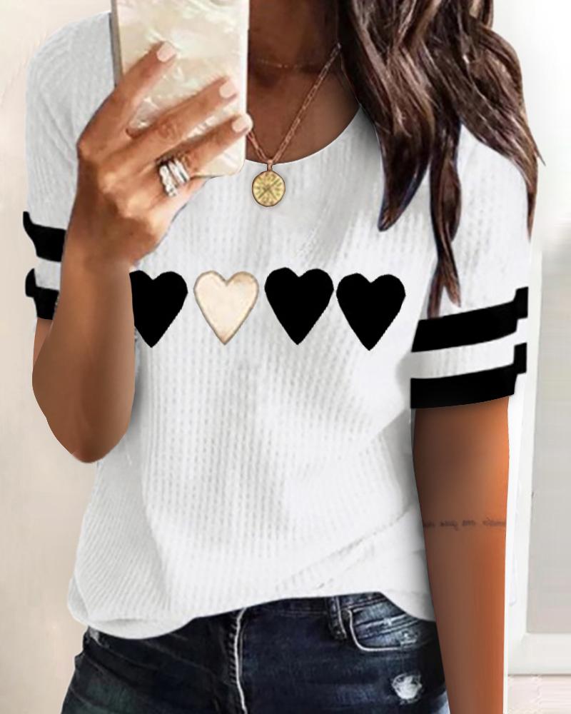 Ribbed Heart Print Colorblock Short Sleeve Top