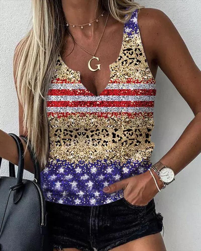 Flag Leopard Print Notch Neck Casual Tank Top