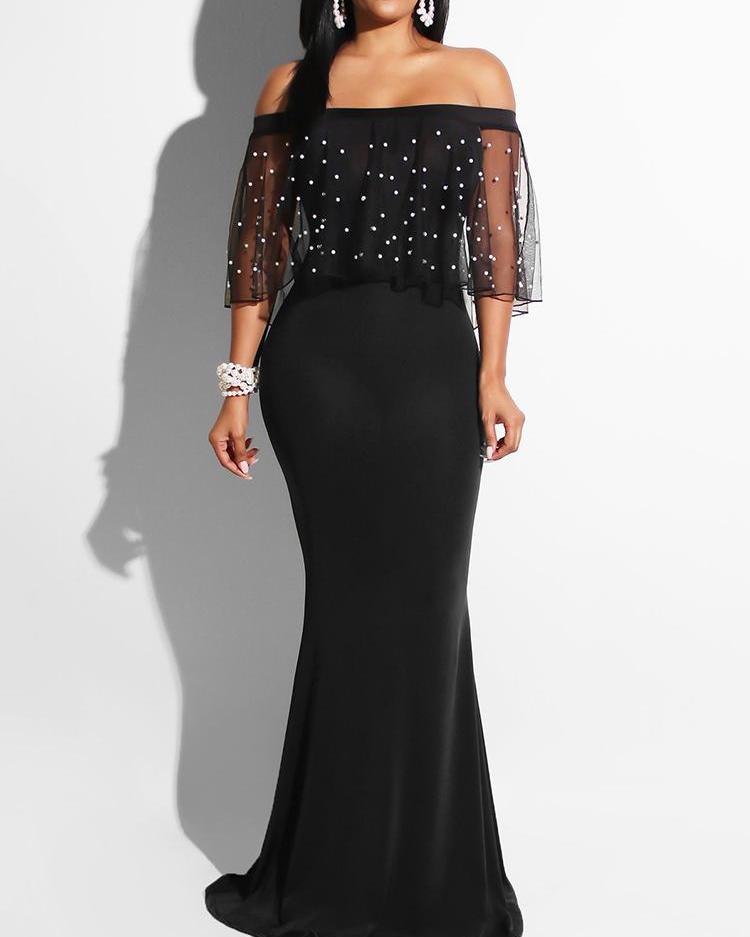 Mesh Beading Embellished Off Shoulder Maxi Dress