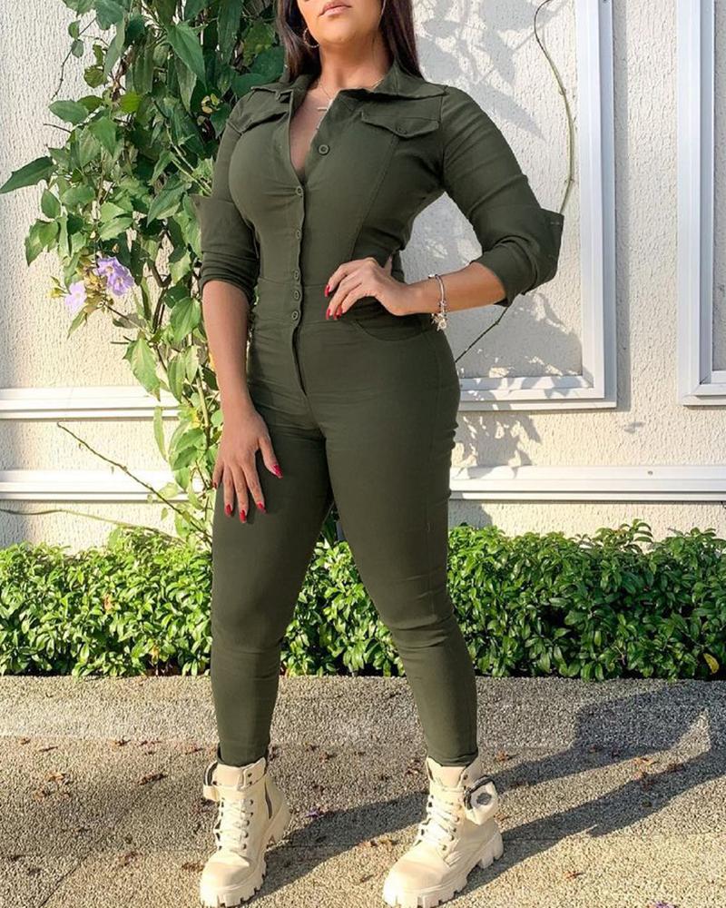 Long Sleeve Buttoned Turn Down Collar Jumpsuit