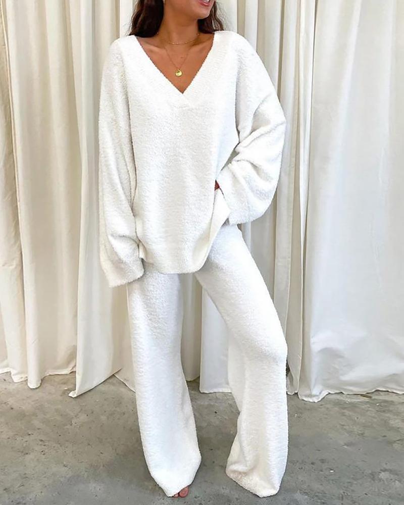 V-Neck Long Sleeve Casual Top & Pants Set