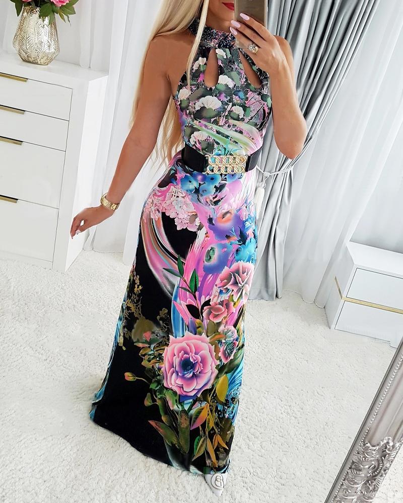 Floral Print Cutout Halter Sleeveless Maxi Dress