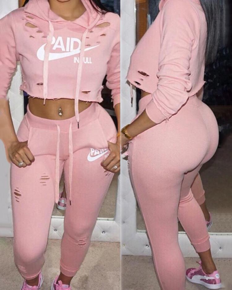 Fashion Ripped Letter Print Drawstring Cropped Tracksuit