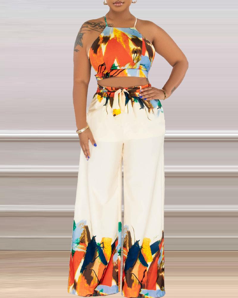 Plus Size Abstract Print Crisscross Backless Cami Top & Wide Leg Pants Set