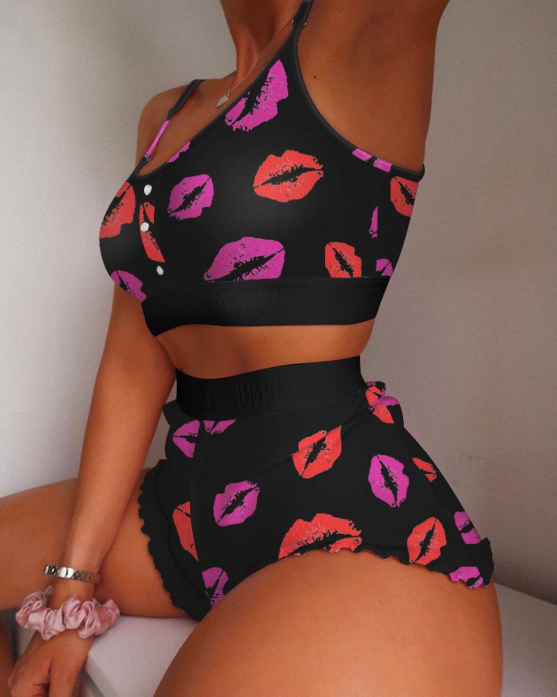 Lips Print Frill Hem Cami Set