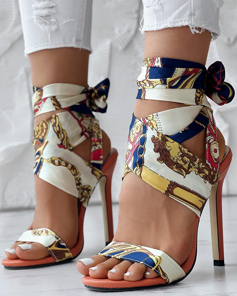 Satin Print Knotted Detail Thin Heeled Sandals