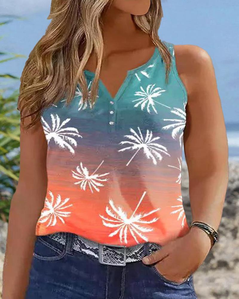 Plus Size Coconut Tree Print Ombre Notch Neck Tank Top