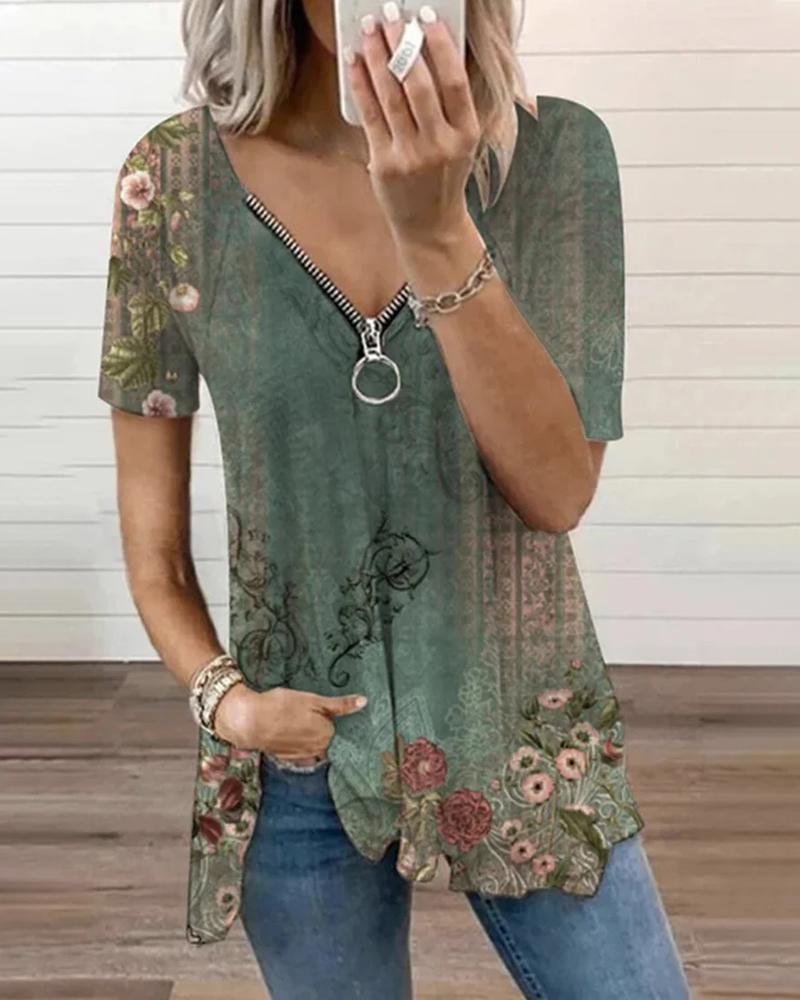 Floral Tribal Print Zipper Design Top
