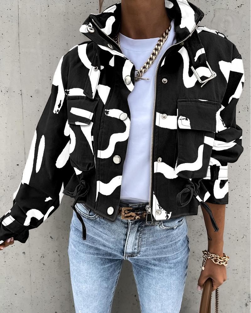 Abstract Print Long Sleeve Zip Up Biker Jacket