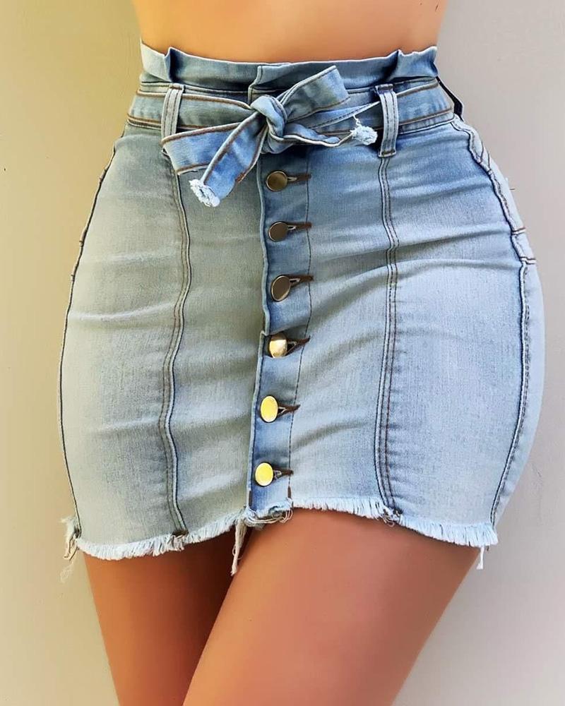 Button Design Fringe Hem Denim Skirt