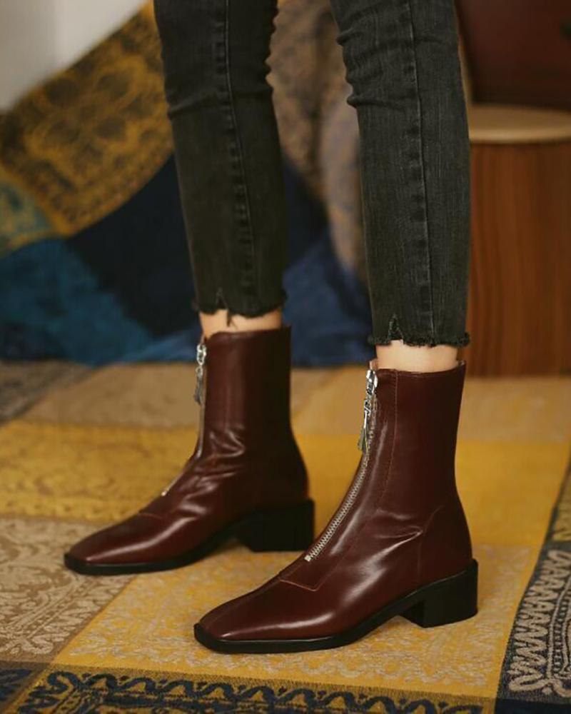 BIKER-BOOTS Zip Front Square Toe Chunky Boots