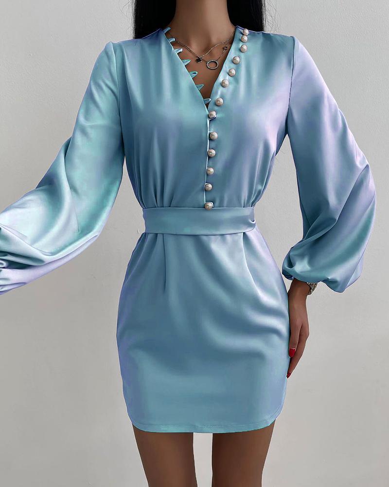 Beaded Decor Lantern Sleeve Satin Casual Dress