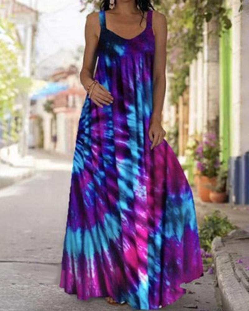 Plus Size Tie Dye Print V-Neck Thick Strap Maxi Dress