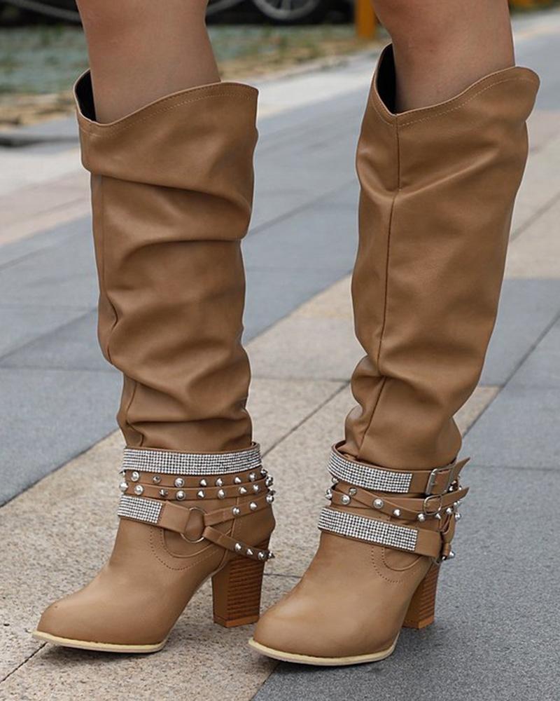 Ruched Rhinestone Decor Studded Buckled Boots