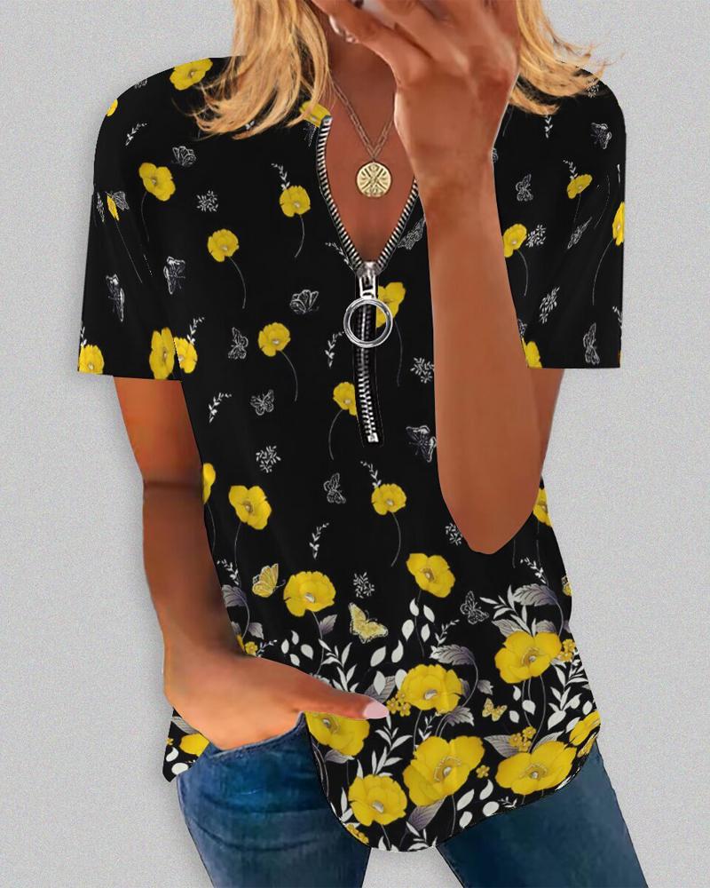 Floral Butterfly Print Zip Front Casual T-shirt