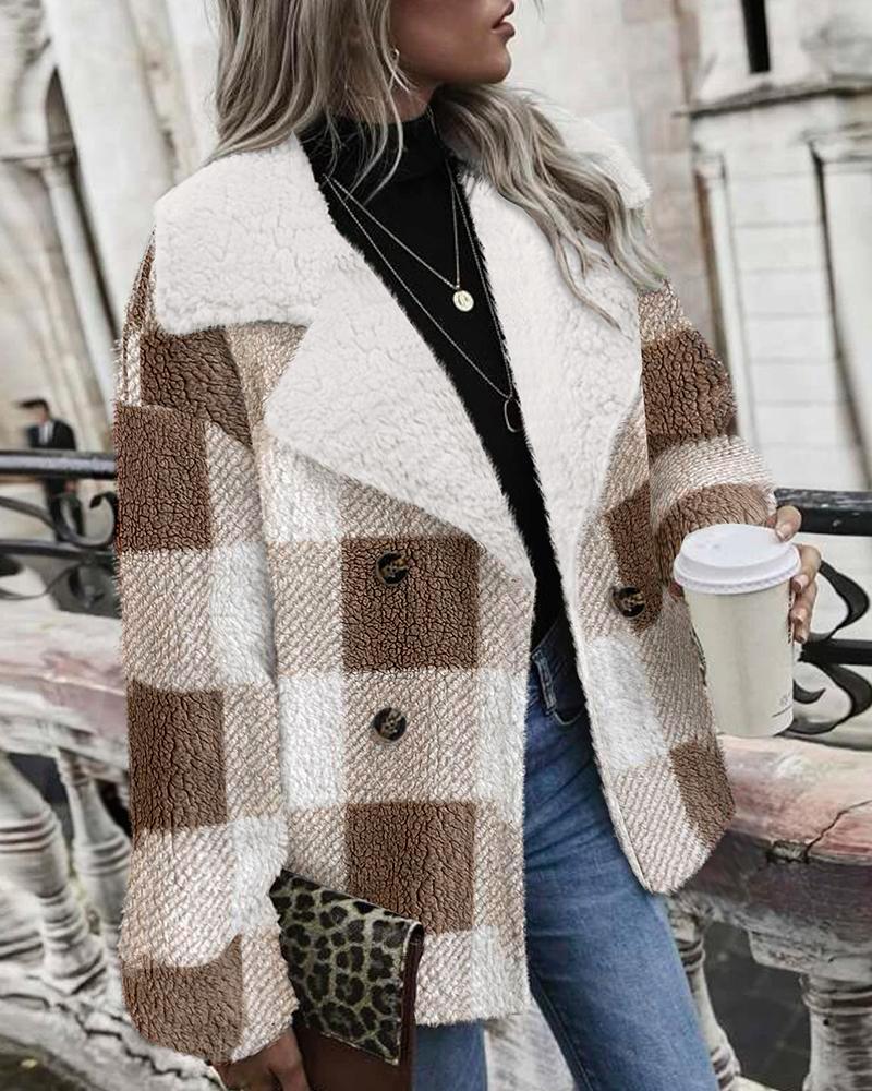 Plaid Print Double Breasted Teddy Coat