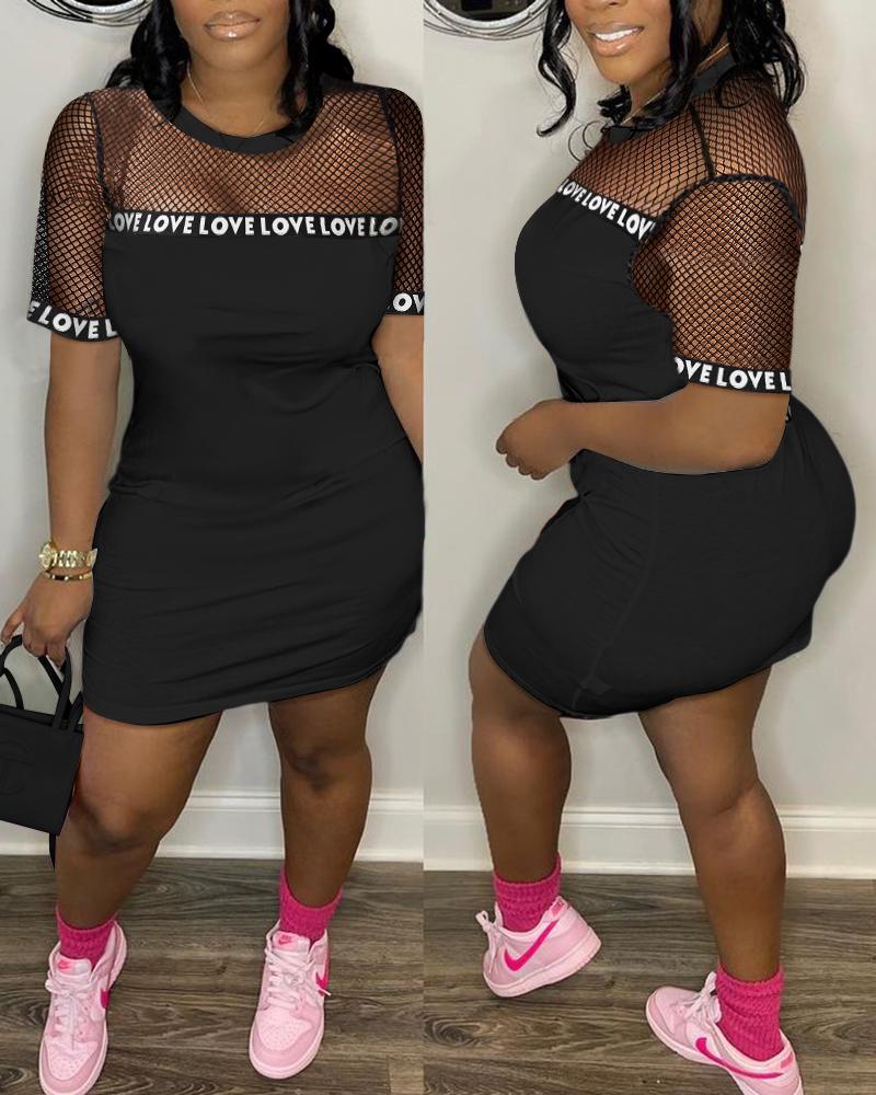 Letter Pattern Fishnet Patch T-shirt Dress