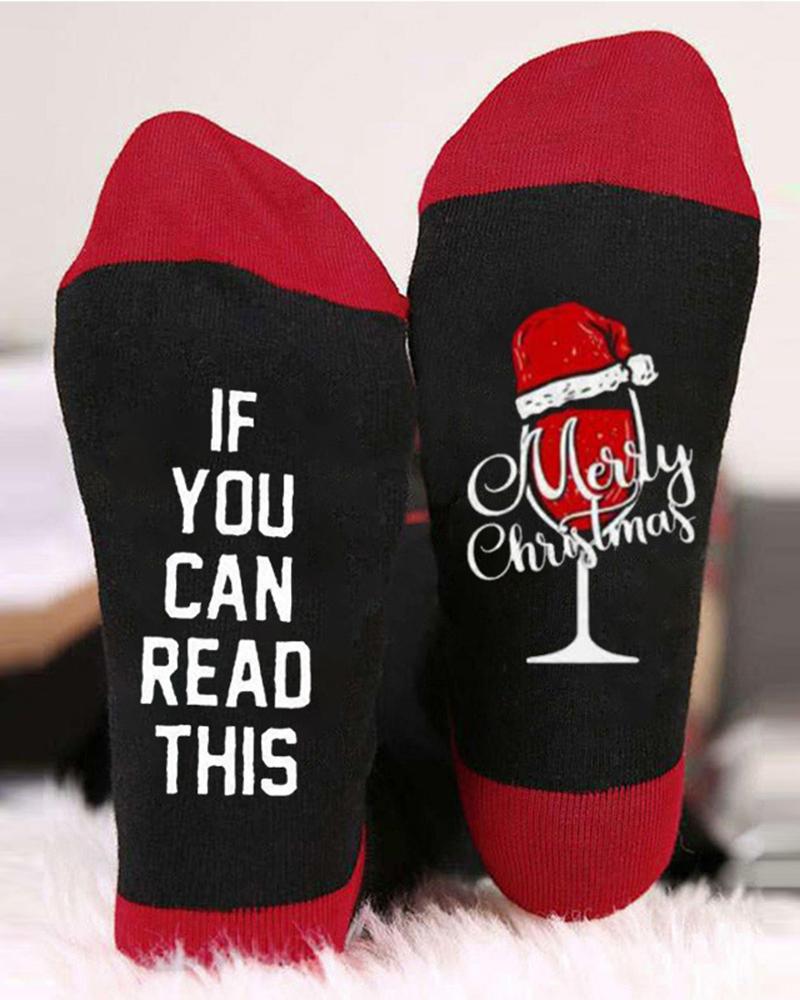 1Pair Christmas Slogan Wine Glass Print Colorblock Crew Socks