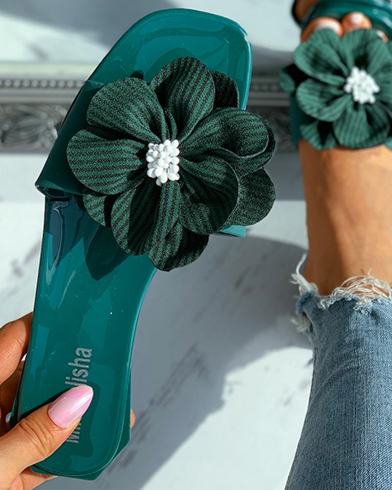 Striped Floral Pattern Square Toe Flat Sandals
