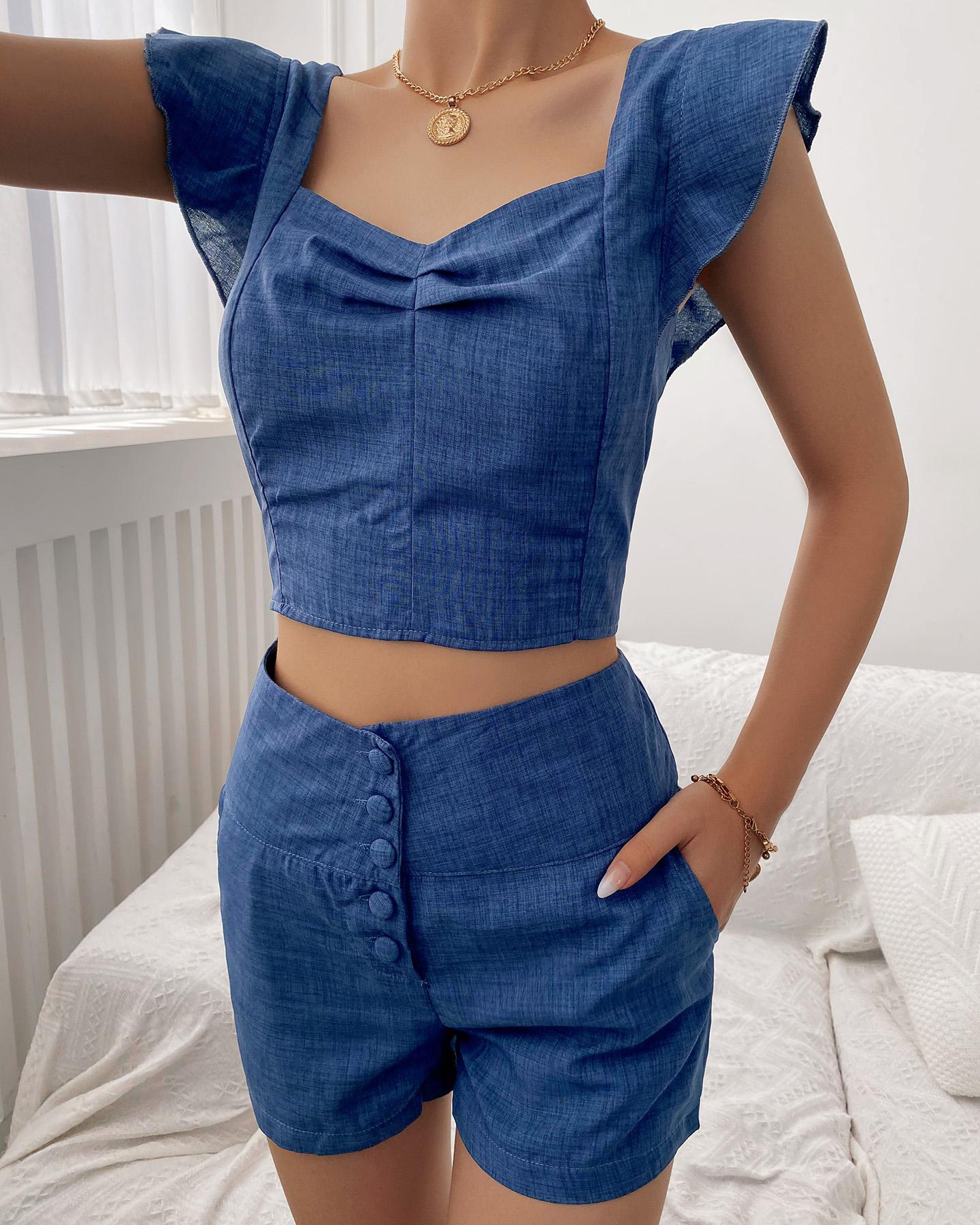 Flutter Sleeve Top & Buttoned Pocket Design Shorts Set