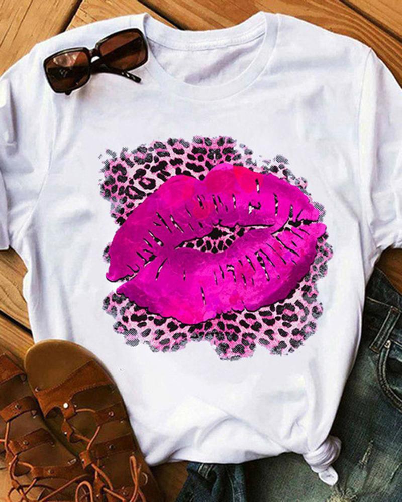 Lip Leopard Print Casual T-shirt