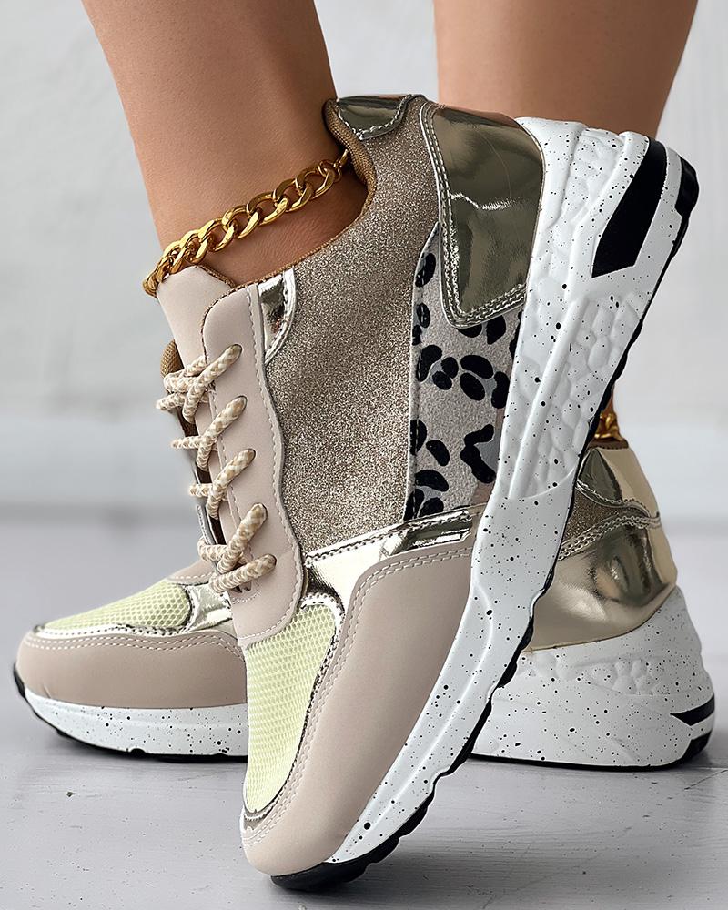 Glitter Leopard Print Lace-up Casual Sneakers