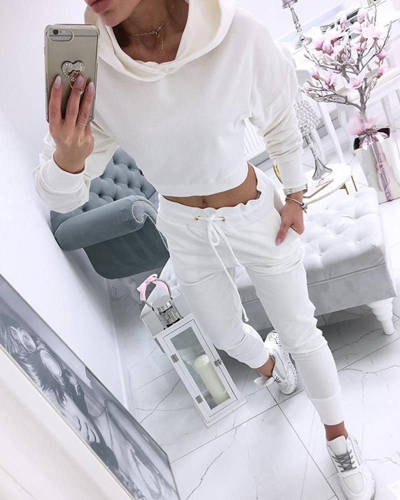Solid Hooded Long Sleeve Drawstring Top & Pants Set