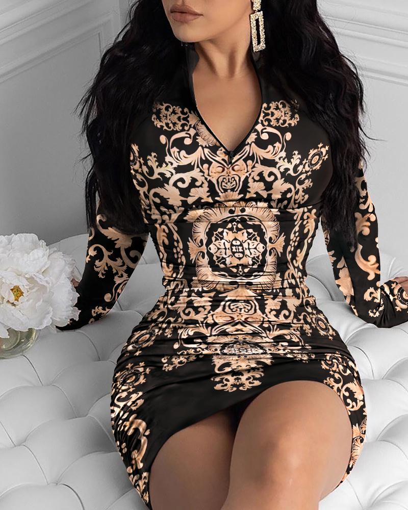 Baroque Print Zipper Detail Long Sleeve Bodycon Dress