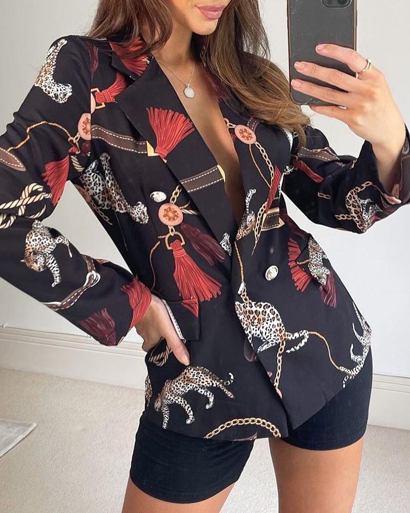 Scarf Print Double Button Flap Detail Blazer Coat