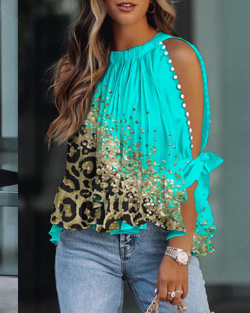 Contrast Leopard Print Split Sleeve Casual Top
