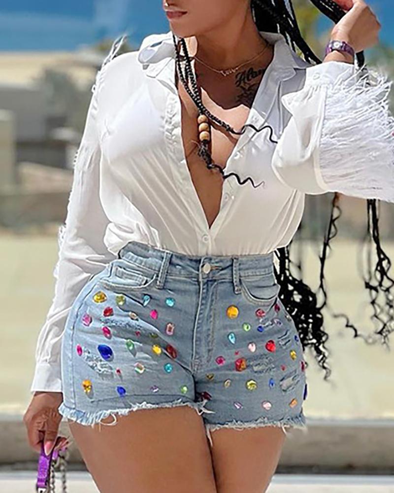 Rhinestone Decor Raw Hem Denim Shorts