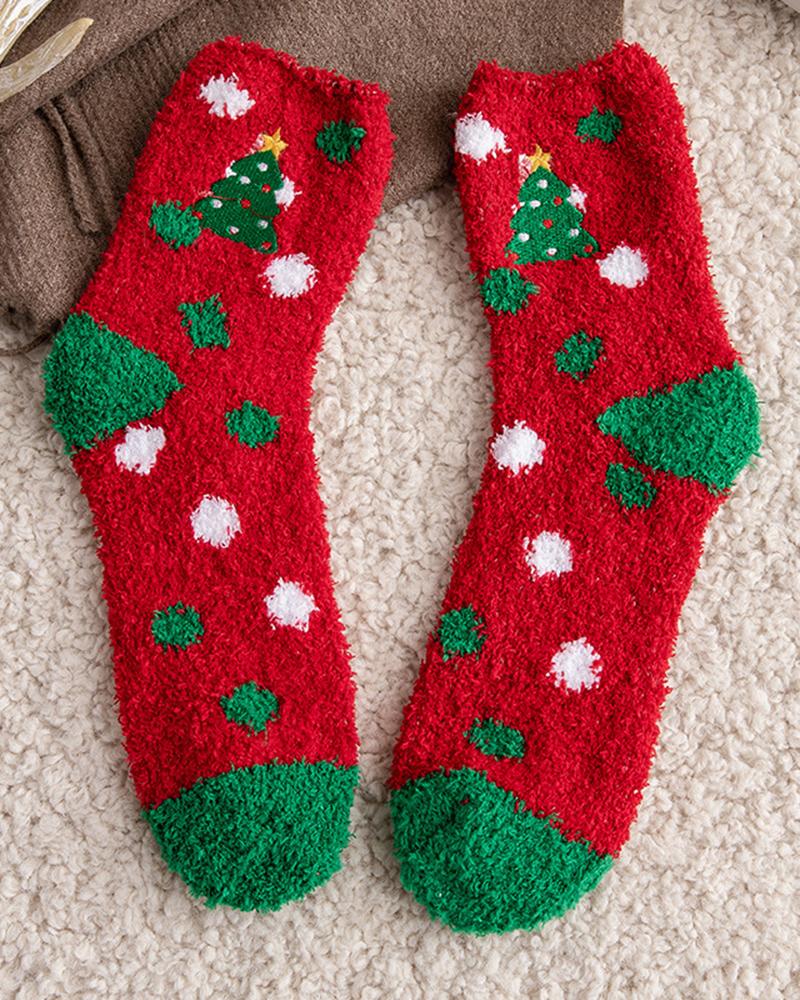 1Pair Christmas Santa Colorblcok Fuzzy Thermal Socks