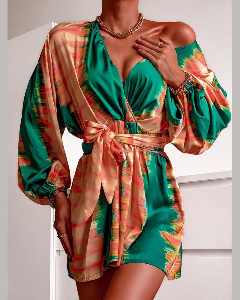 Colorblock Lantern Sleeve Satin Tied Detail Dress