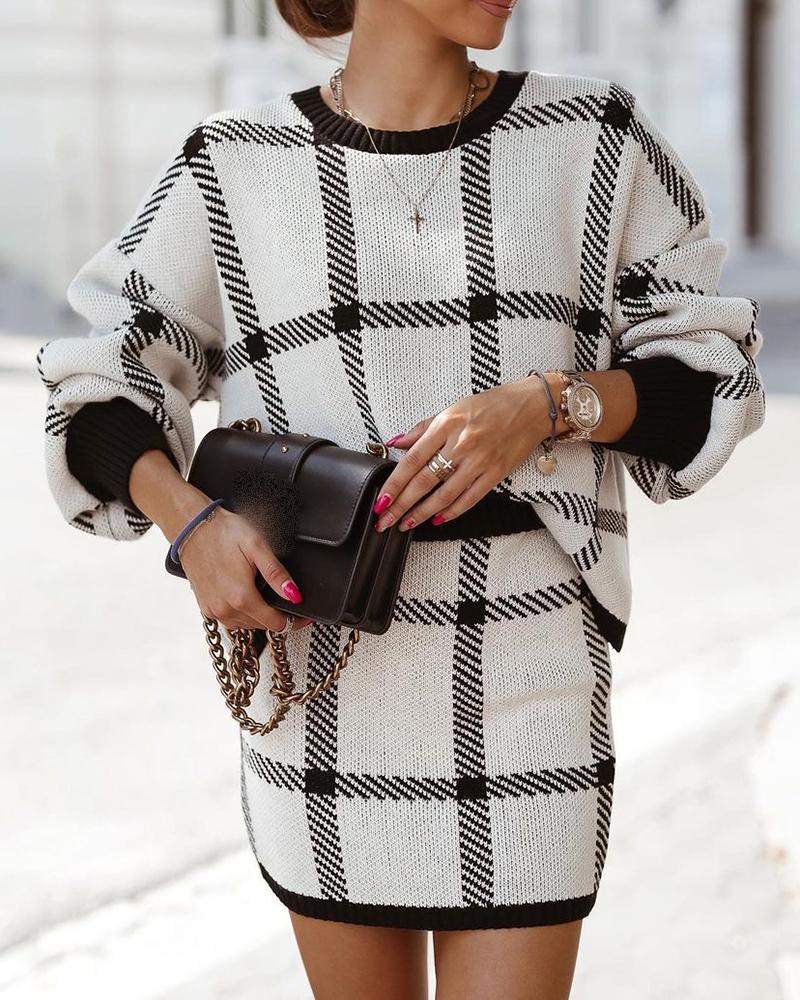 Plaid Print Long Sleeve Sweater & Skirt Set