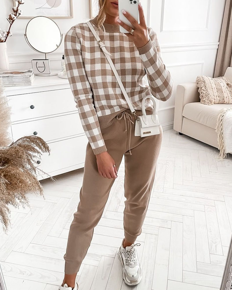 Gingham Long Sleeve Sweater & Drawstring Pants Set