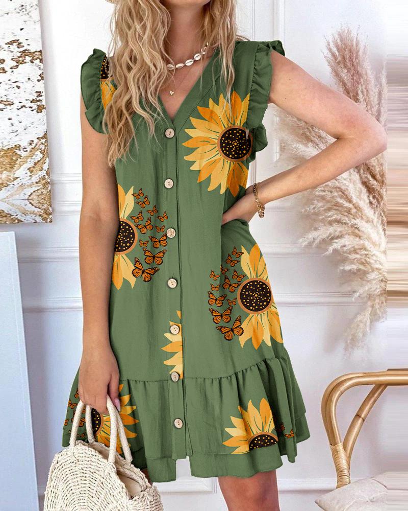 Sunflower Butterfly Print Ruffle Hem Casual Dress