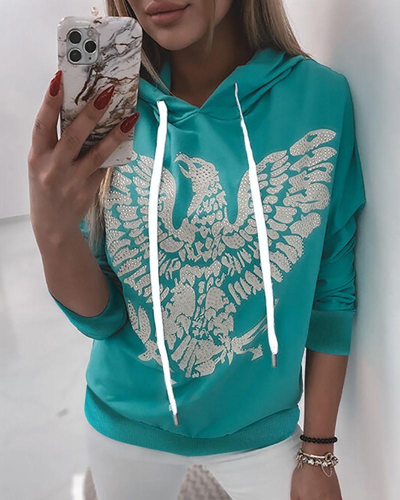 RECYCLED Eagle Print Rhinestone Hooded Top