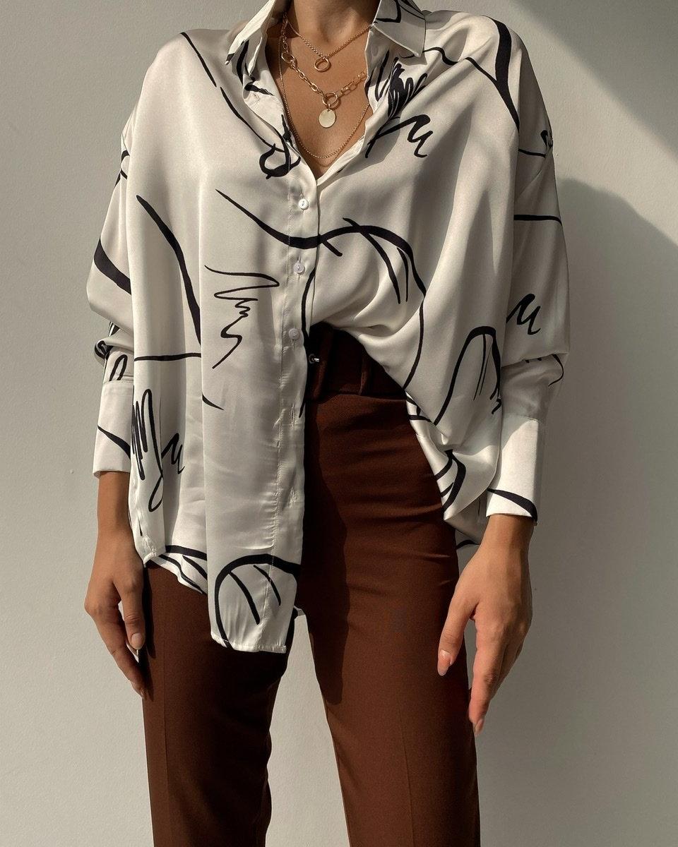 Abstract Print Button Down Satin Shirt